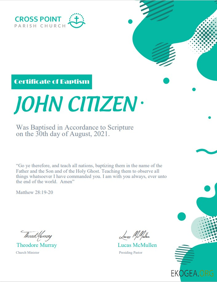 Modèle de certificat de baptême aux États Unis au format Word et PDF, version 2